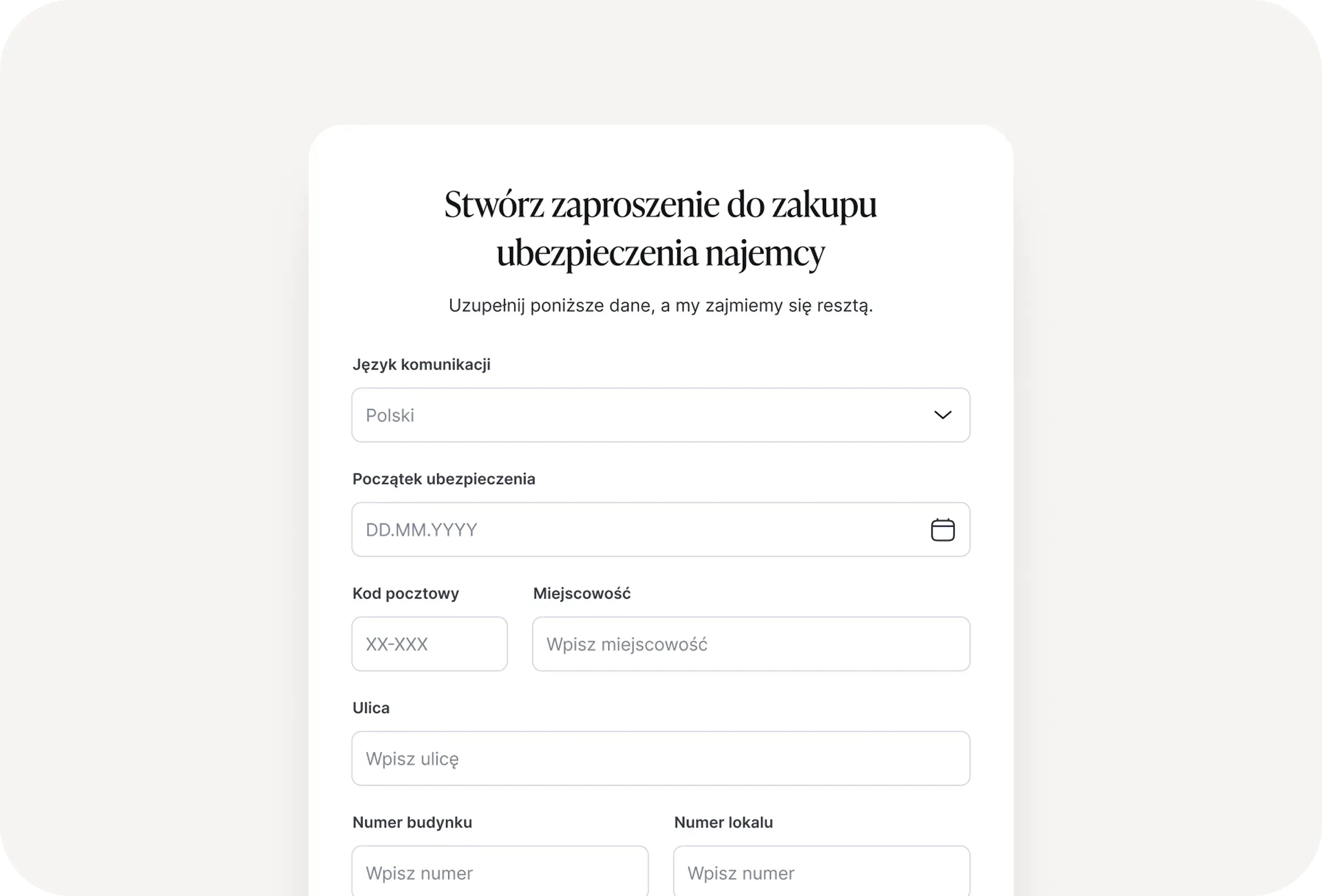Podgląd certyfikatu ubezpieczenia najemcy z rozwiniętym panelem szczegółów polisy – adres, e-mail, suma gwarancyjna i daty obowiązywania